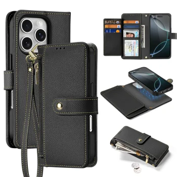 Dux Ducis Lawa Leather Case for iPhone 16 Pro Max with Detachable Wallet, Black