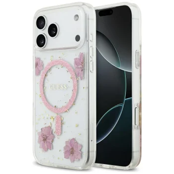 Guess Resin Flowers Glitter MagSafe Phone Case Cover iPhone 17 Pro Max - Pink
