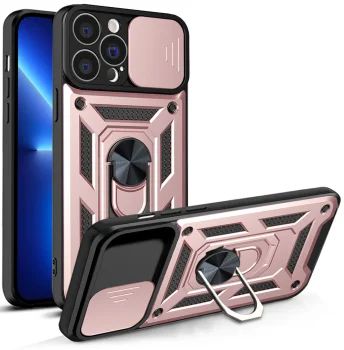 Šarvuotas dėklas iPhone 13 Pro Max Hybrid Armor Camshield su kameros dangteliu, rožinis