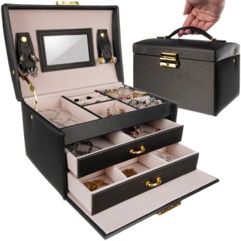 Lockable Jewelry Box Organizer with Mirror and Drawers, Black
