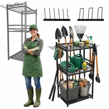 Luaro Garden Tool Storage Stand, Metal Organizer Rack for Shovels, Rakes and Brooms, Black