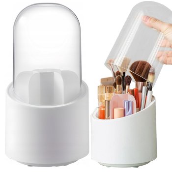 Rotating Makeup Organizer and Brush Holder with Lid, White