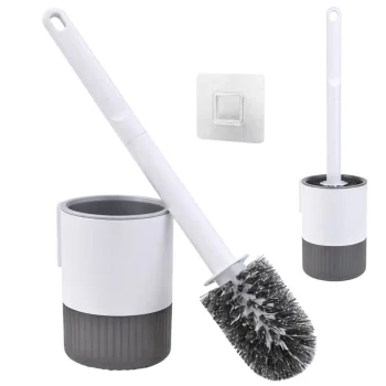 Toilet Brush with Holder and Wall Hook, White and Grey