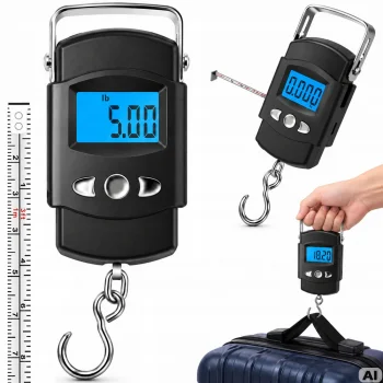 Skaitmeninės pakabinamos svarstyklės bagažui ir žvejybai iki 50 kg su 100 cm juosta