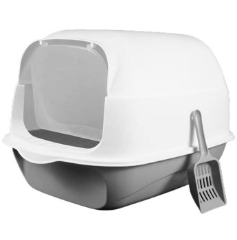 Liela slēgta kaķu tualete ar atveramu vāku, pelēka