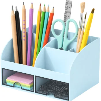 Desk Organizer for Cosmetics and Small Items, 2 Drawers, Blue