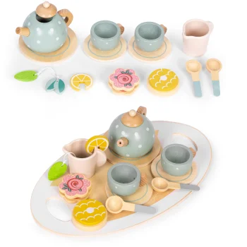 ECOTOYS Wooden Tea Set for Kids with Teapot and Cups 14 Pieces
