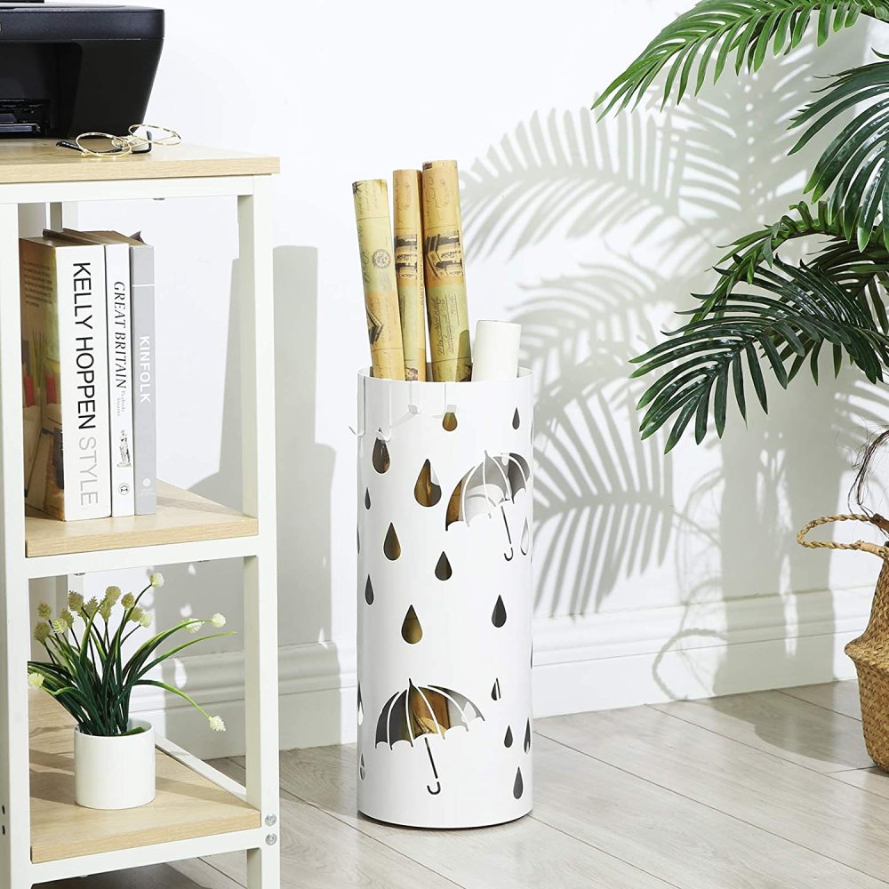 Steel umbrella stand with modern cut-out design, white (1)