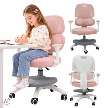 Ergonomic Kids Desk Chair with Footrest, Swivel Adjustable, Pink