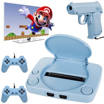 Retro game console with 9999 built-in games, 2 controllers and gun, blue