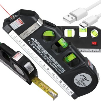 Precision 3-in-1 Laser Level with 2.5m Tape Measure USB Rechargeable, Black