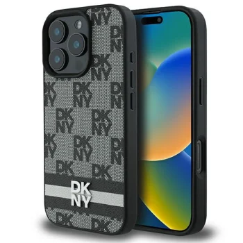DKNY iPhone 16 Pro Case Checkered Pattern & Printed Stripes, Black