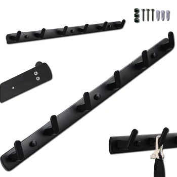 Wall-Mounted Clothes and Towel Rack, 6 Hooks, 54.5 cm, Black