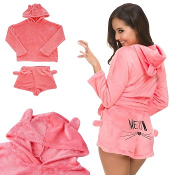 Warm Plush Hooded Pajama Set for Women with Shorts, Size L, Pink