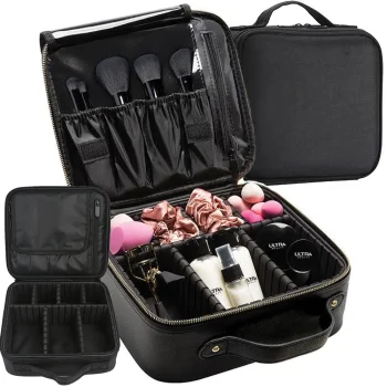 Travel Makeup Organizer Bag with Dividers, Black