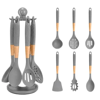 6-Piece Silicone Kitchen Utensils Set with Rotating Stand Grey