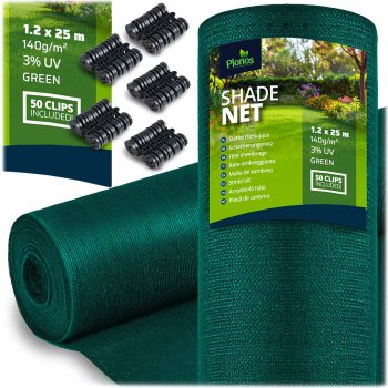 Plonos 1.2x25m 140g/m² Shade Net with 50 Clips, Green