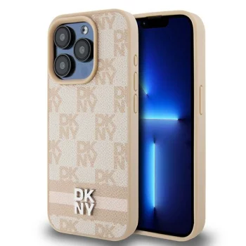 DKNY iPhone 15 Pro Max Case Checkered Mono Pattern & Printed Stripes, Pink