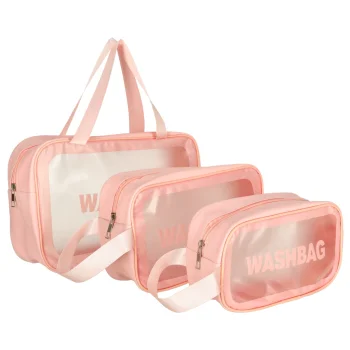 Transparent travel toiletry bag organizer, 3 pcs, pink