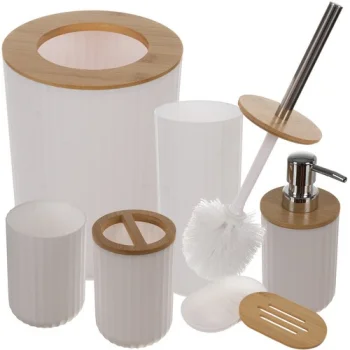 Ruhhy 6-Piece Bathroom Accessory Set, White / Bamboo