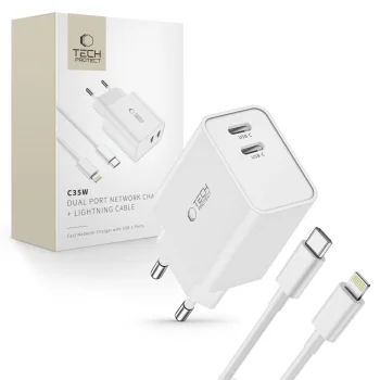 Tech-Protect C35W 2x USB-C PD 35W Wall Charger with USB-C - Lightning Cable - White