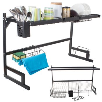 Over sink dish drying rack, 2-tier metal organiser with utensil holder, black