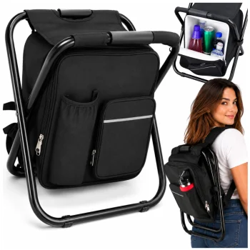 3-in-1 Camping Backpack with Folding Chair and Cooler Bag, 14L, Black