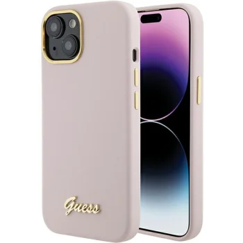 Guess iPhone 15 Case Silicone Script Metal Logo & Frame, Pink