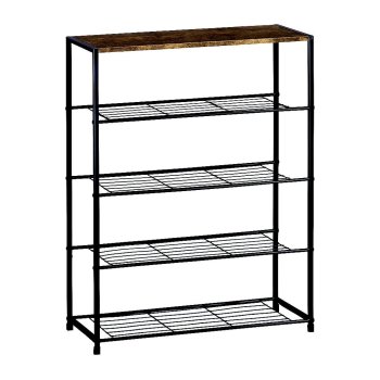 5 Tier Shoe Rack Organizer for Entryway, Industrial Metal and Wood, rustic brown