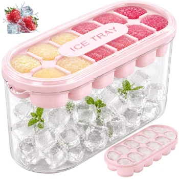 Silicone Ice Cube Tray with Container and Lid, 12 Cubes, Pink