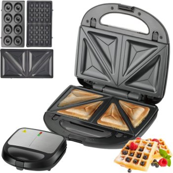 3-in-1 Sandwich Maker with Waffle and Donut Plates, 850W, Non-Stick, Black
