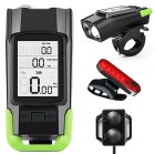 Bike front light with wireless speedometer, horn and rear LED, black-green