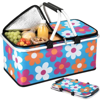 Collapsible Thermal Picnic Basket, Blue with Floral Pattern, 48x28x22 cm