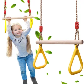 Wooden Garden Swing for Kids with Gymnastic Trapeze and Handles, Yellow