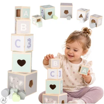 Wooden Stacking Blocks Tower and Shape Sorter, Educational Pyramid Toy 2+