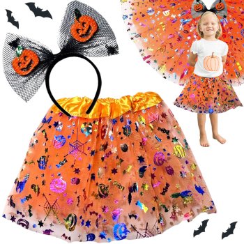 Halloween kostīms meitenēm ar tutu svārkiem un spīdīgu ķirbju matu stīpu, oranžs