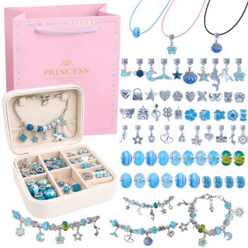 Kids Charm Bracelet and Necklace Making Kit with Jewelry Box, Blue