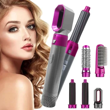 5-in-1 Hair Styler Set (Hair Dryer, Straightener, Curler), Grey-Pink