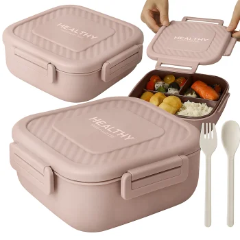Lunchbox with 3 Compartments and Cutlery, Pink