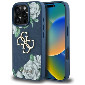 Guess Grained Roses Big 4G Logo Case for iPhone 16 Pro - Blue