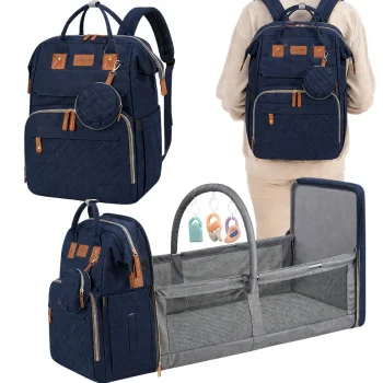 Multifunctional Mommy Bag Backpack with Crib and USB, Grey