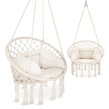 BOHO Hanging Swing Chair with Cushion, 80 x 60 x 125 cm, Beige