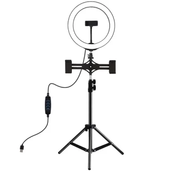 LED Ring Lamp 26cm With Tripod Stand Up to 1.1m and 3 Phone Clamps, USB