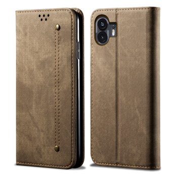 Nothing Phone 2 Jeans Cloth Texture Magnetic Book Case Cover, Khaki