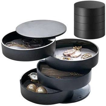 Round Jewellery Organiser Box with 4 Rotating Compartments, Black
