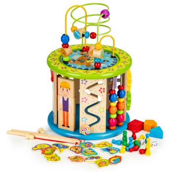 Wooden Activity Cube by ECOTOYS with Bead Maze, Gear Wheels and Fishing Game