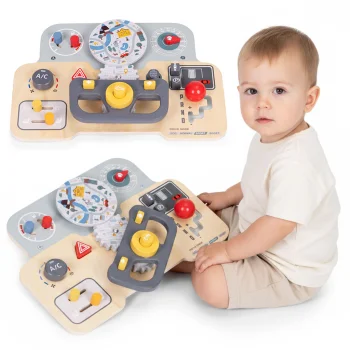 Wooden Busy Board for Toddlers Car Dashboard with Steering Wheel ECOTOYS