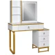 Dressing Table with LED Mirror, Cabinet and Stool, White with Gold Accents