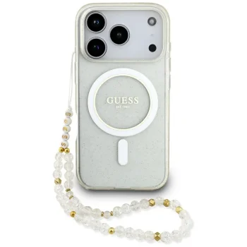 Guess IML Glitter Pearl Strap MagSafe Case for iPhone 17 Pro Transparent