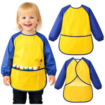 Kids Art Smock with Sleeves Kruzzel Waterproof Painting Apron Size S, yellow navy blue